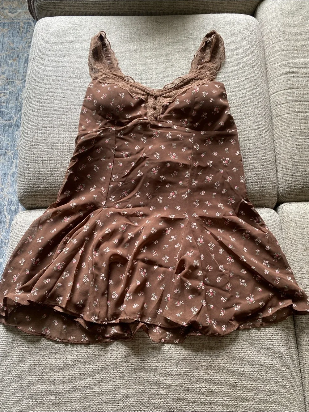 Abercrombie and Fitch Bra-Free Lace-Trim Button-Through Mini Dress —Brown Floral - Picture 2 of 9